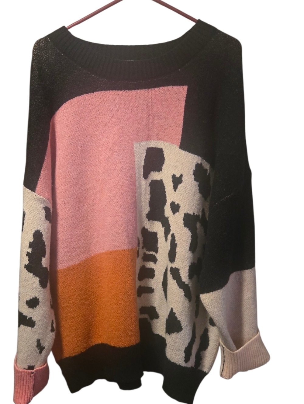 AnnieWear, Colorblock Animal Print Sweater - Pink, Orange, Black, Cream